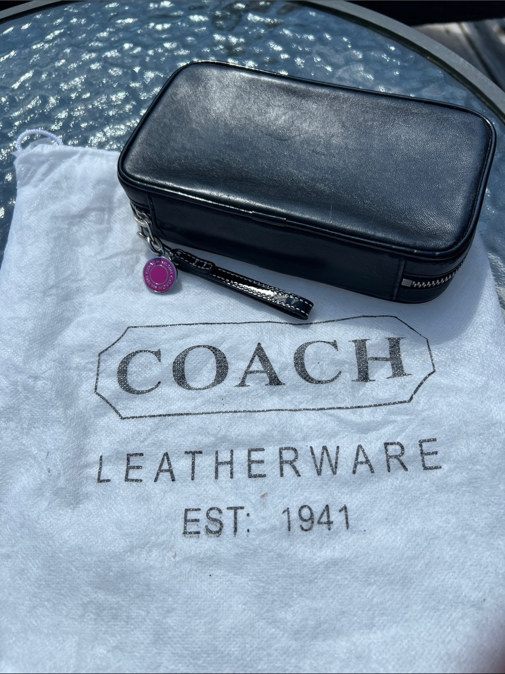 Y2K Vintage Rare Coach Black Super Soft Leather Zip Card, Key Case